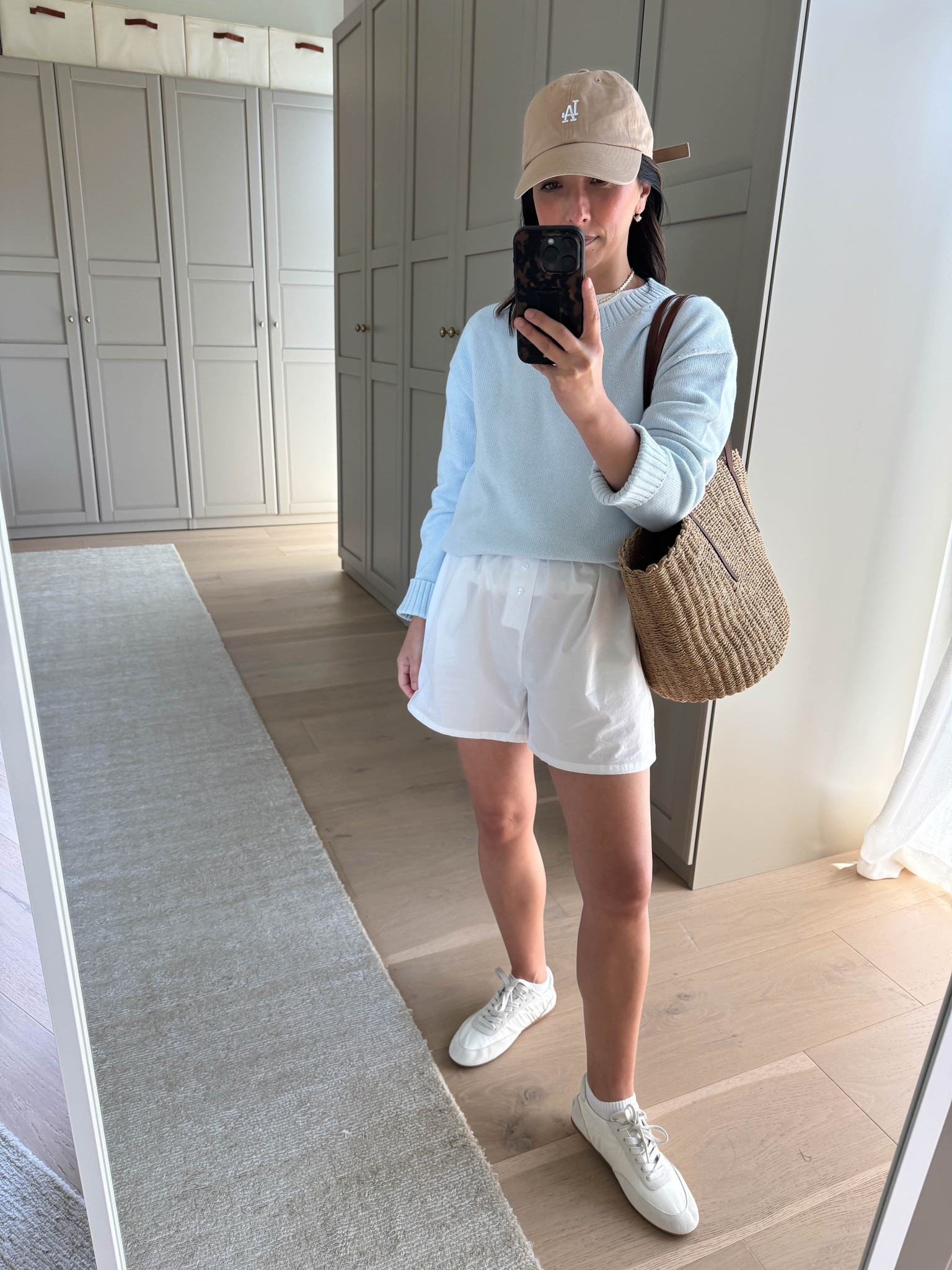 Mom-on-duty outfit idea wearing shorts and sneakers.

Quince sweater small 
Everlane tee medium
Recreational Habits shorts medium
Amazon socks small
Dolce vita sneakers 6 - size up!
Polo Ralph Lauren hat
The Row bag small
Dorsey earrings medium
Dorsey James necklace 15"

Spring outfits 2026, summer outfits

#LTKmomlife #LTKPetite #LTKootd