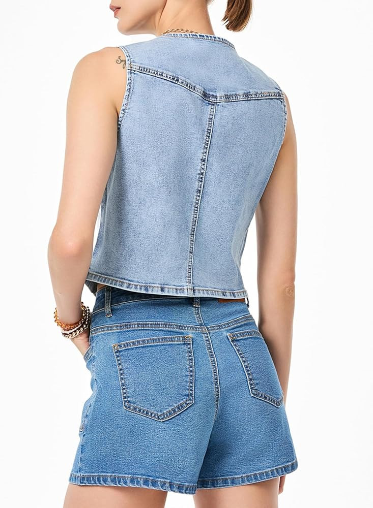 Sidefeel Women's Denim Vest Sleeveless V Neck Zimbaplatinum Jean Vest Top Button Down Crop Waistc... | Amazon (US)
