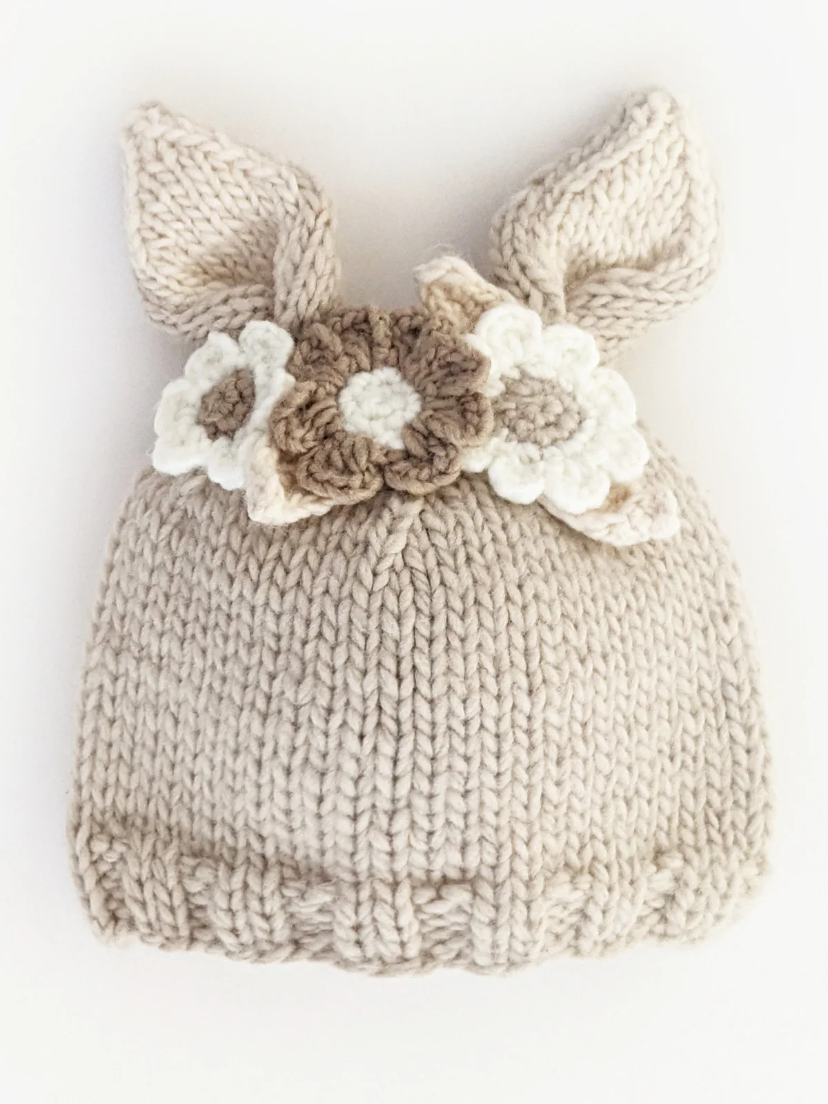 Knit Bunny Hat, Oatmeal Flowers | SpearmintLOVE