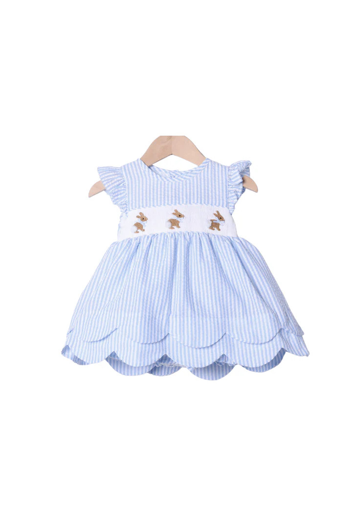 Smocked Bunny Blue Seersucker Scalloped Skirted Bubble | The Smocked Flamingo