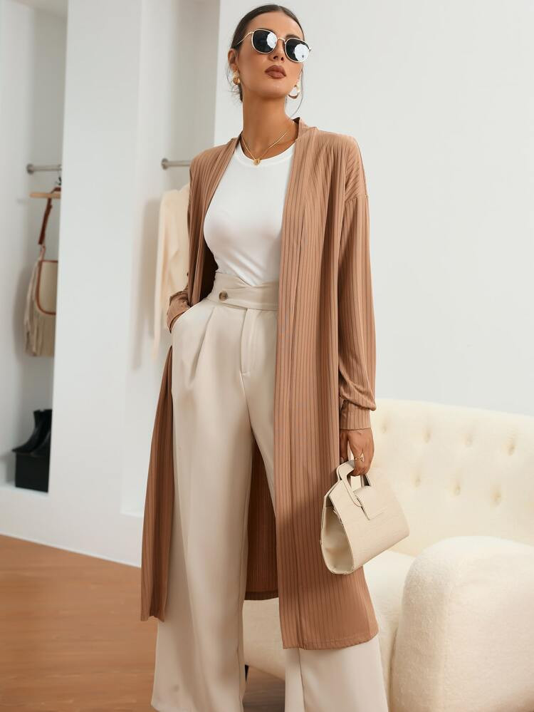 Drop Shoulder Ribbed Knit Open Front Coat | SHEIN