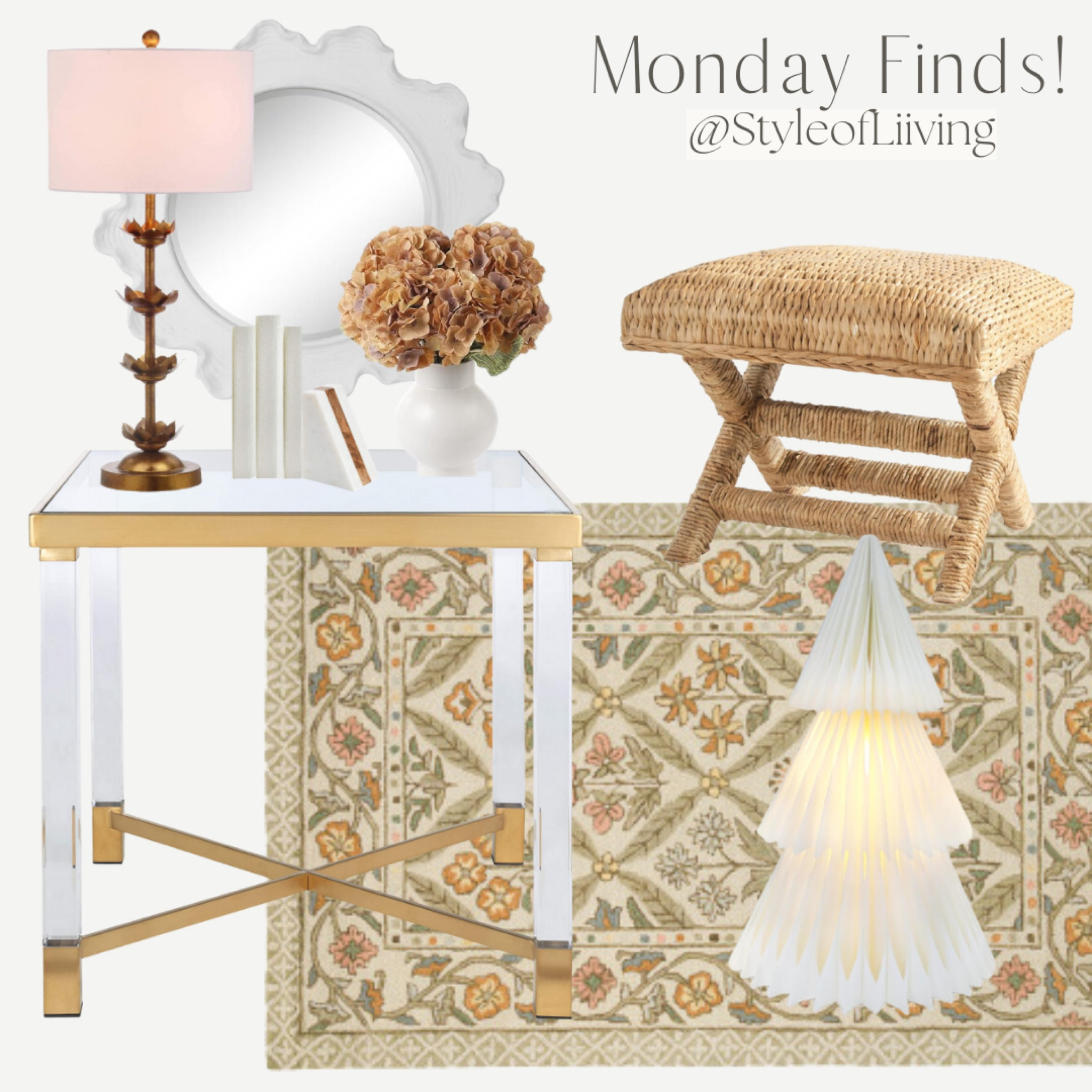 Pretty home finds! Gold acrylic side table, area rug, table lamps, round wall mirrors, stools, Christmas trees, fall hydrangeas, marble bookends. TJ Maxx and Amazon home finds.

#LTKSaleAlert #LTKStyleTip #LTKHome
