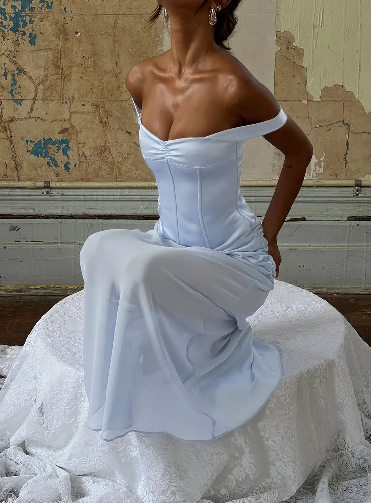 Angiola Corset Off Shoulder Maxi Dress Blue | Princess Polly US