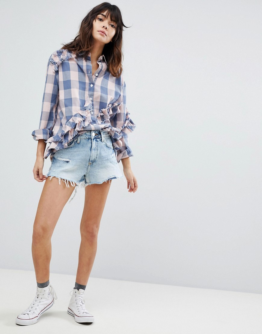 River Island - Annie - Distressed denim short met hoge taille-Blauw | ASOS (Global)