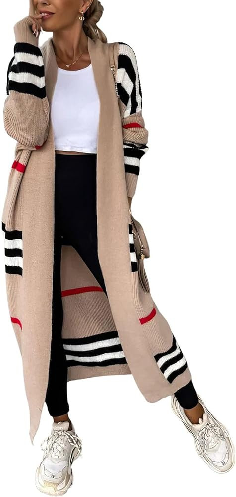 ebossy Women's Vintage Open Front Knit Striped Maxi Long Cardigan Sweater with Pockets | Amazon (US)
