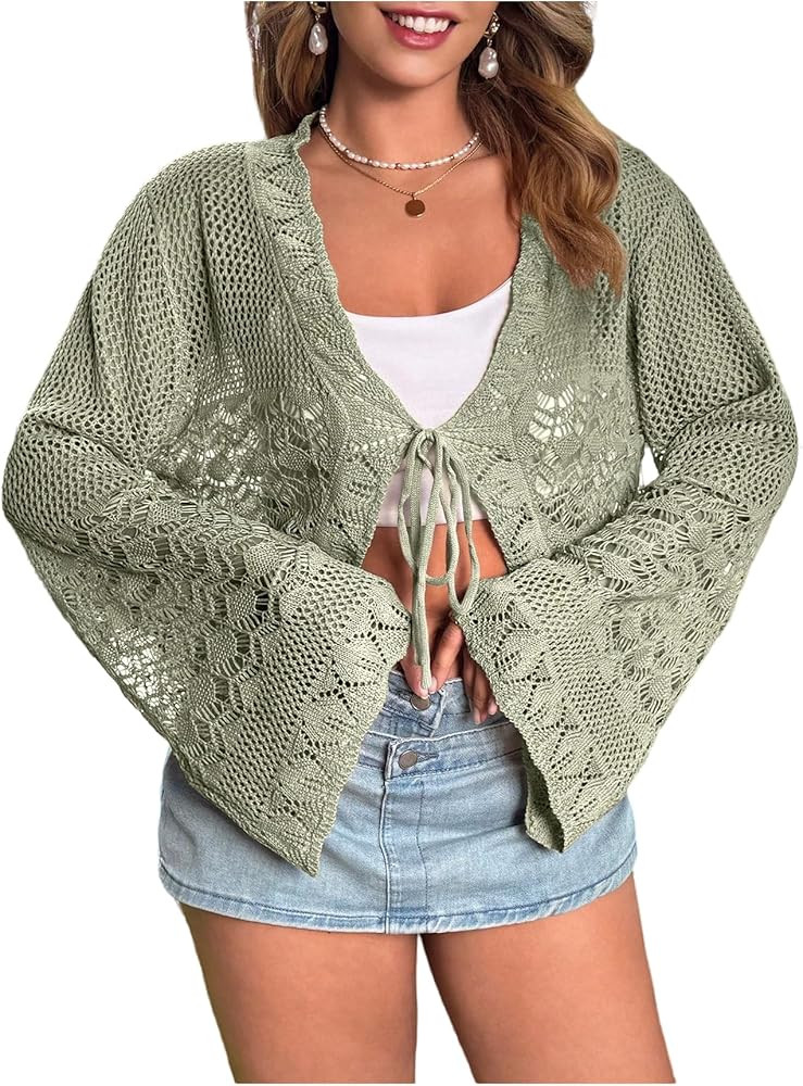 Women's Plus Size Crochet Cardigans Summer Bell Sleeve Tie Front Lightweight Cardigan Sweater Cro... | Amazon (US)
