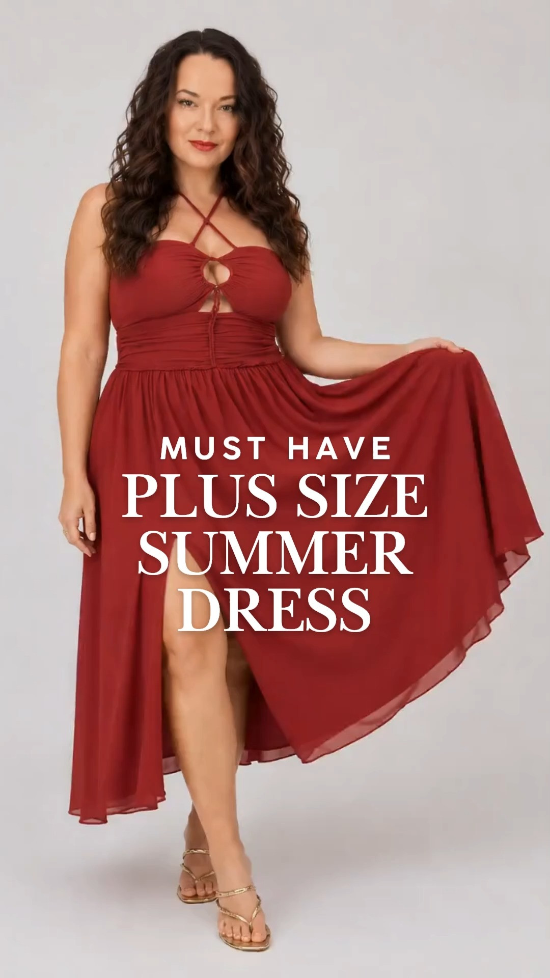 create the caption

8:55 PM
This deep red plus size summer dress is everything. The halter neckline, flowy skirt, and that front slit make it effortlessly elegant whether you are heading to a wedding, a summer dinner, or just want to feel stunning on a warm evening out. Plus size fashion should always make you feel this good. 

 #LTKOver40 #LTKPlusSize