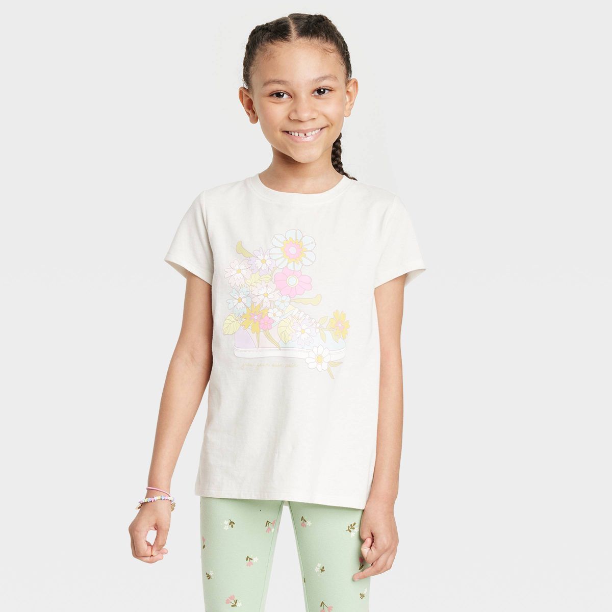 Girls' Flower Shoe Short Sleeve Graphic T-Shirt - Cat & Jack™ Cream | Target