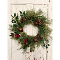 Rustic Christmas Wreath With Bells Faux Evergreen & Red Berry Decor | Etsy (US)