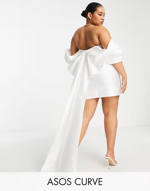ASOS LUXE Curve Wedding satin oversized bow back mini dress in white | ASOS (Global)