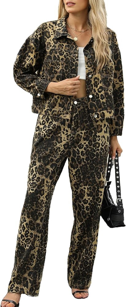 VOIKERDR Denim Sets Two Piece Outfits Cheetah Print Long Sleeve Jacket and Jeans Set Outwear | Amazon (US)