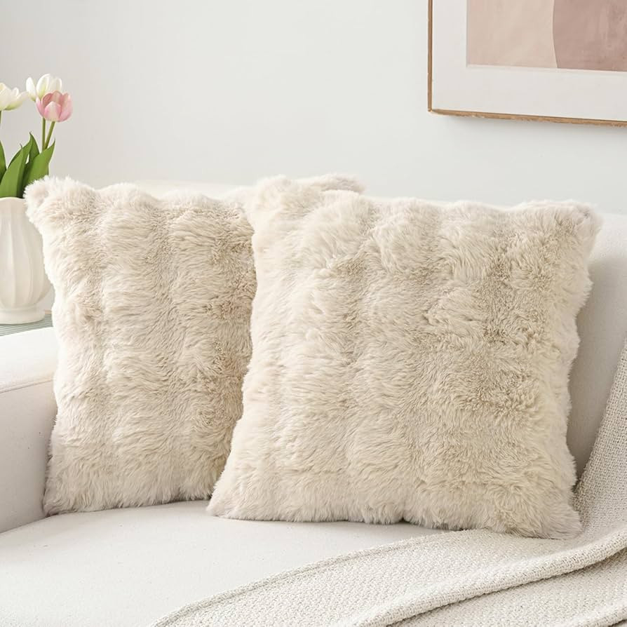 Volcanics Pack of 2 Thick Plush Faux Wool Decorative Throw Pillow Covers 18x18 Inch, Beige Soft F... | Amazon (US)