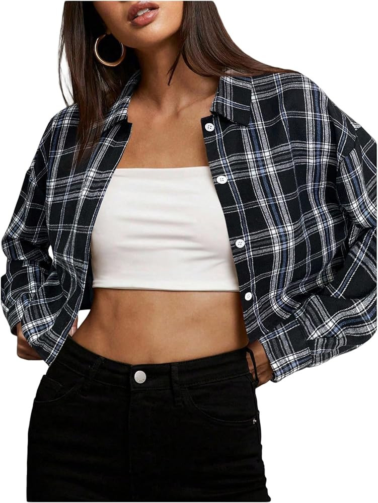 Milumia Women's Plaid Print Button Down Shirts Collared Long Sleeve Cropped Blouse Tops | Amazon (US)