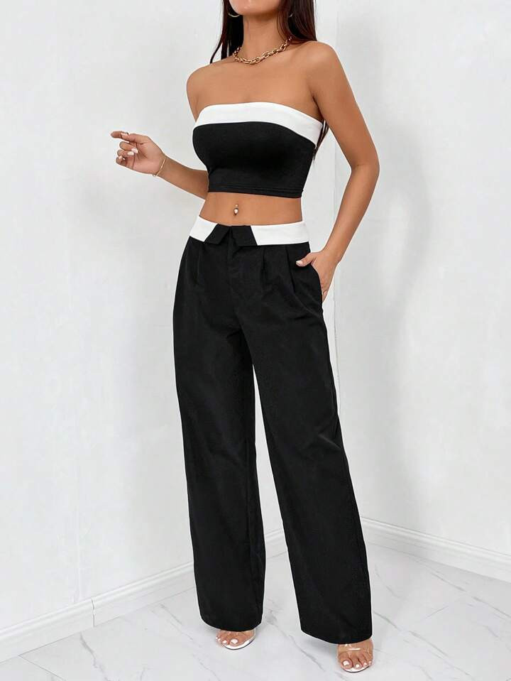 SHEIN Privé Colorblock Tube Top & Wide Leg Pants | SHEIN