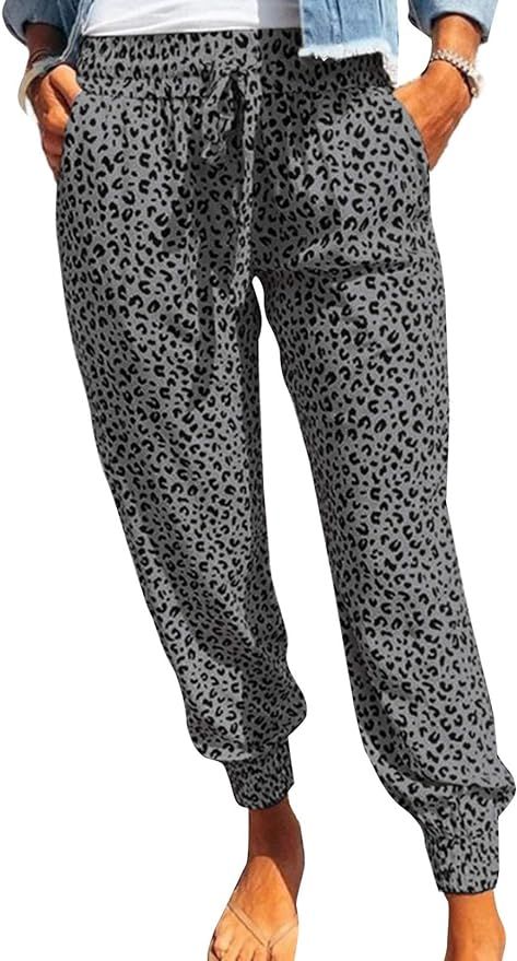 ROSKIKI Womens Leopard Drawstring Elastic Waist Sports Lounge Pants with Pockets | Amazon (US)