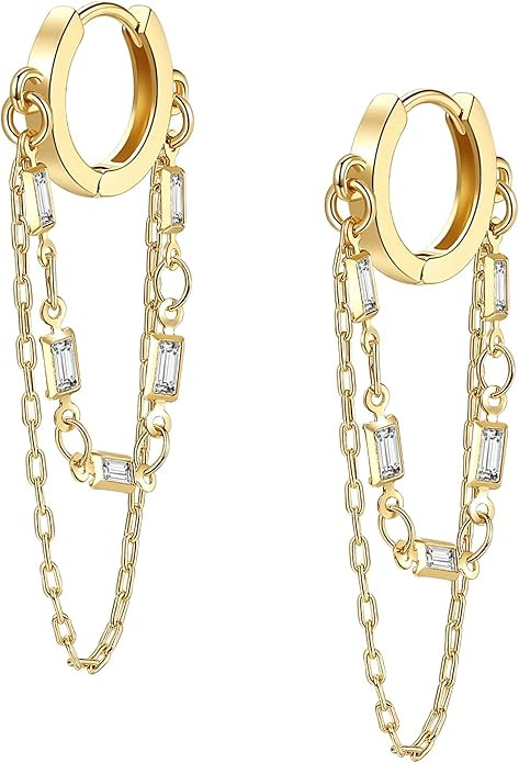 Tassel Chain Small Gold Hoop Dangle Earring For Women Huggie Earring Heart Star CZ 14K Gold Plate... | Amazon (US)