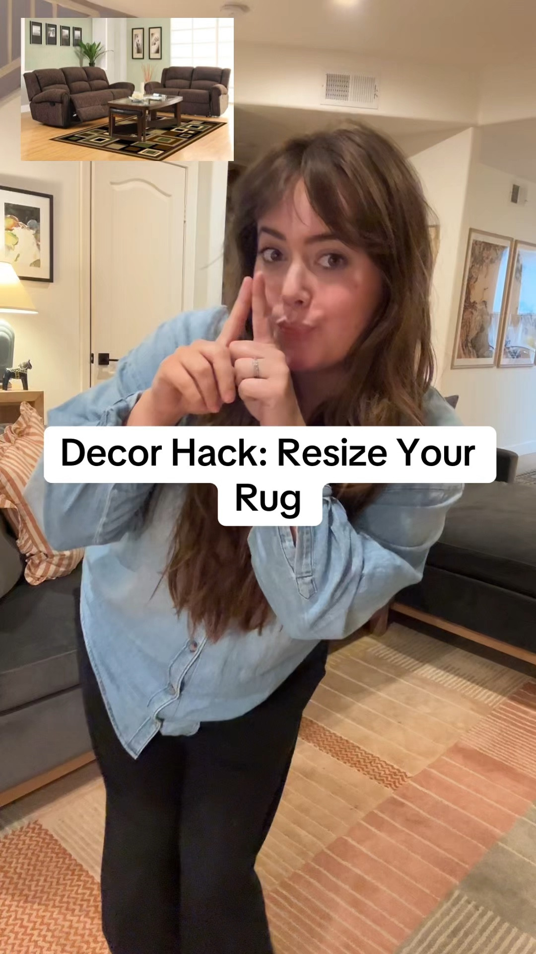 Don’t buy a rug that is too small for your space!!!! I feel like a common problem is being inbetween sizes for common rug sizes, but being afraid to size up! This project was super easy, and will make your rug look custom! I’ll 🔗 it all for you if you’re interested, but lmk if you have any questions!! 💕 #homedecor #DIY #homehack #decorhack 

#LTKHome