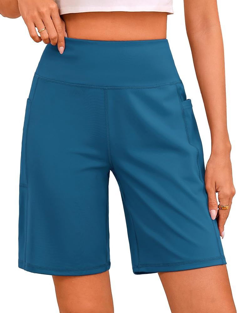 Quenteen 9" Bermuda Shorts High Waisted Knee Length Shorts for Women Casual Athletic Yoga Gym Lon... | Amazon (US)