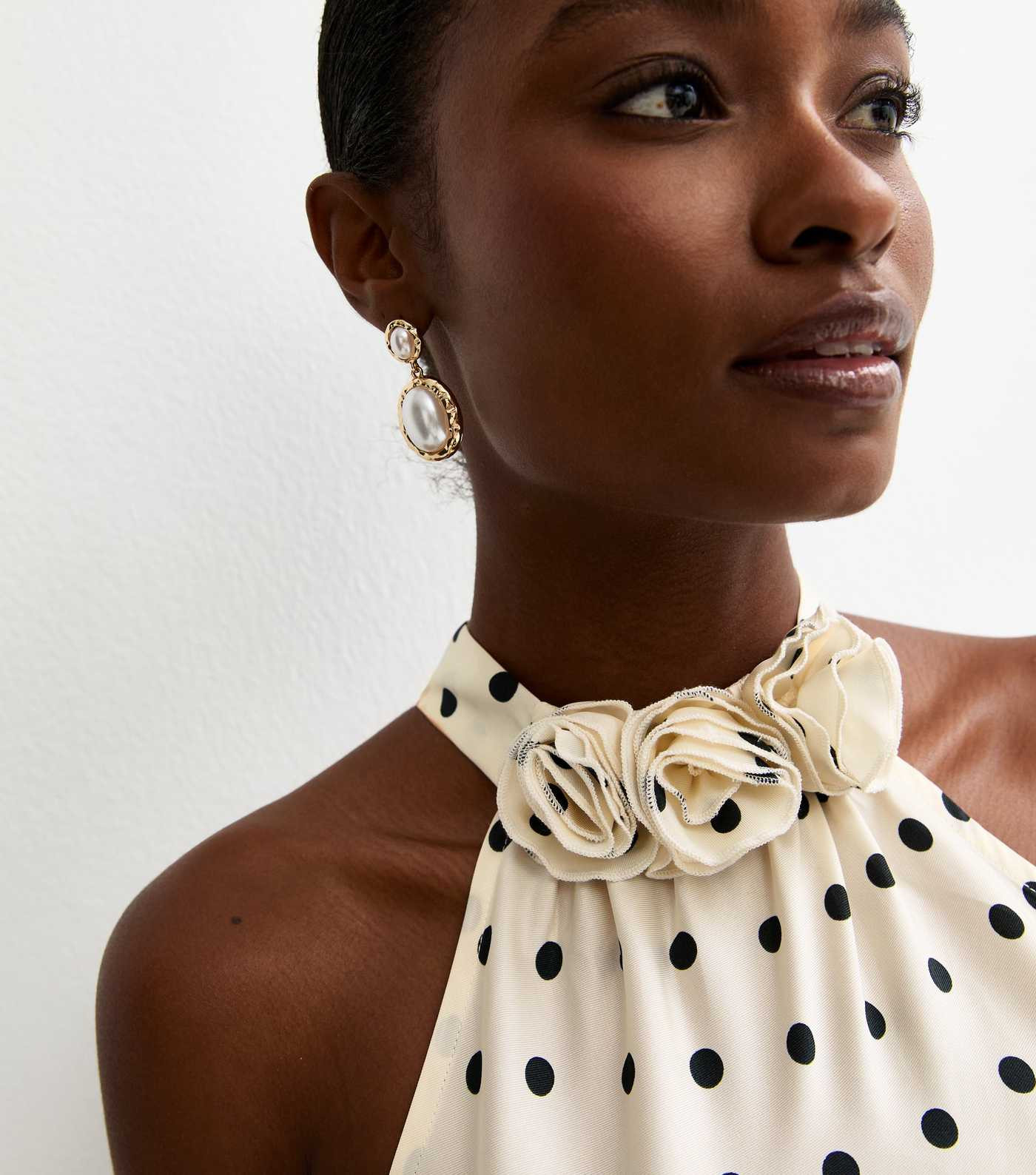 Cream Satin Polka Dot Floral Appliqued Halter Neck Midi Dress | New Look | New Look (UK)