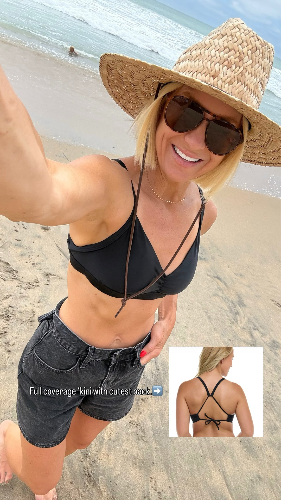 Full coverage, modest black bikini top with a pretty back. 
Perfect mid-length, flattering & affordable denim shorts.

#LTKTravel #LTKSwim #LTKOver40