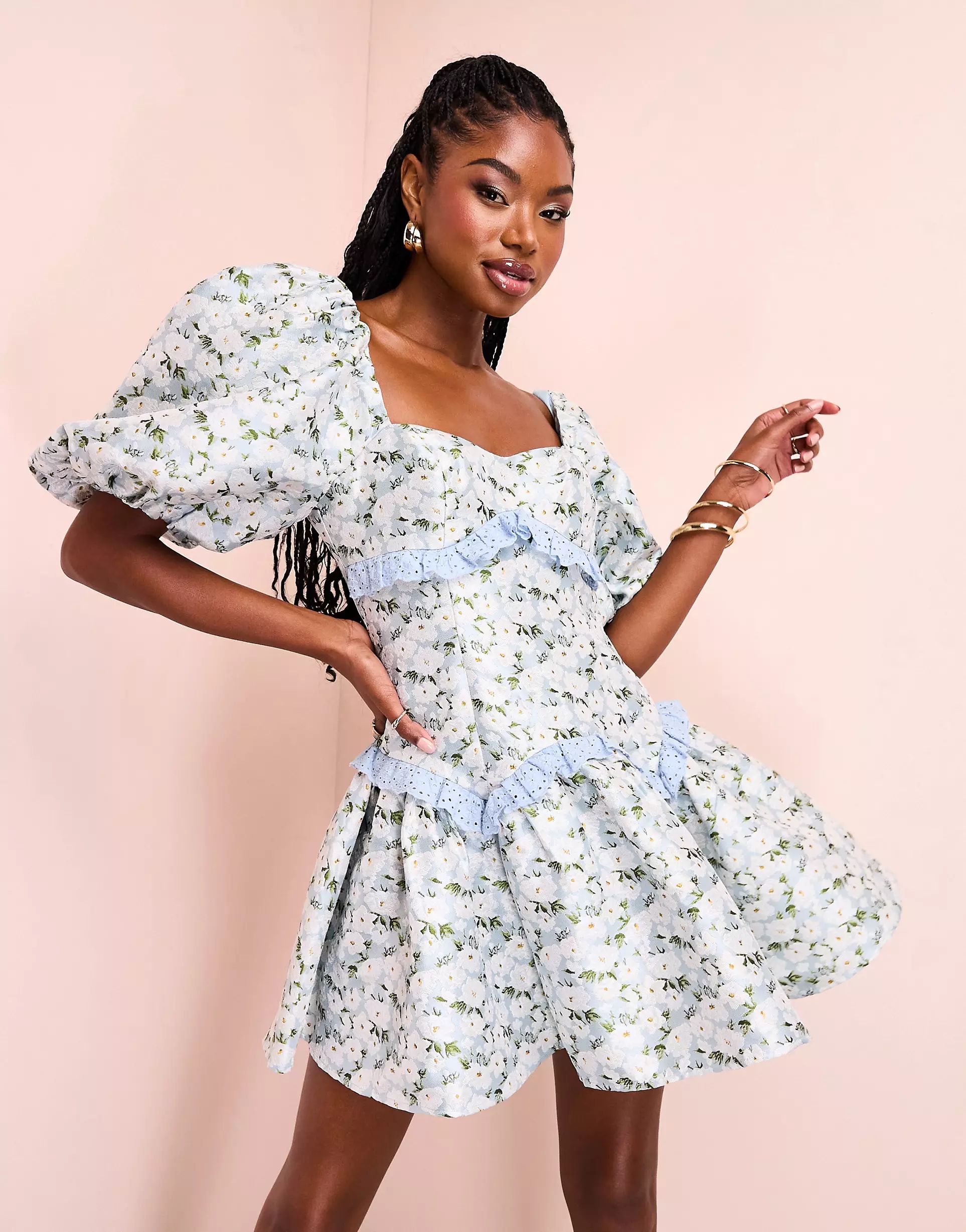 ASOS LUXE jacquard puff sleeve skater mini dress with embroidered trim in blue floral print | ASOS (Global)