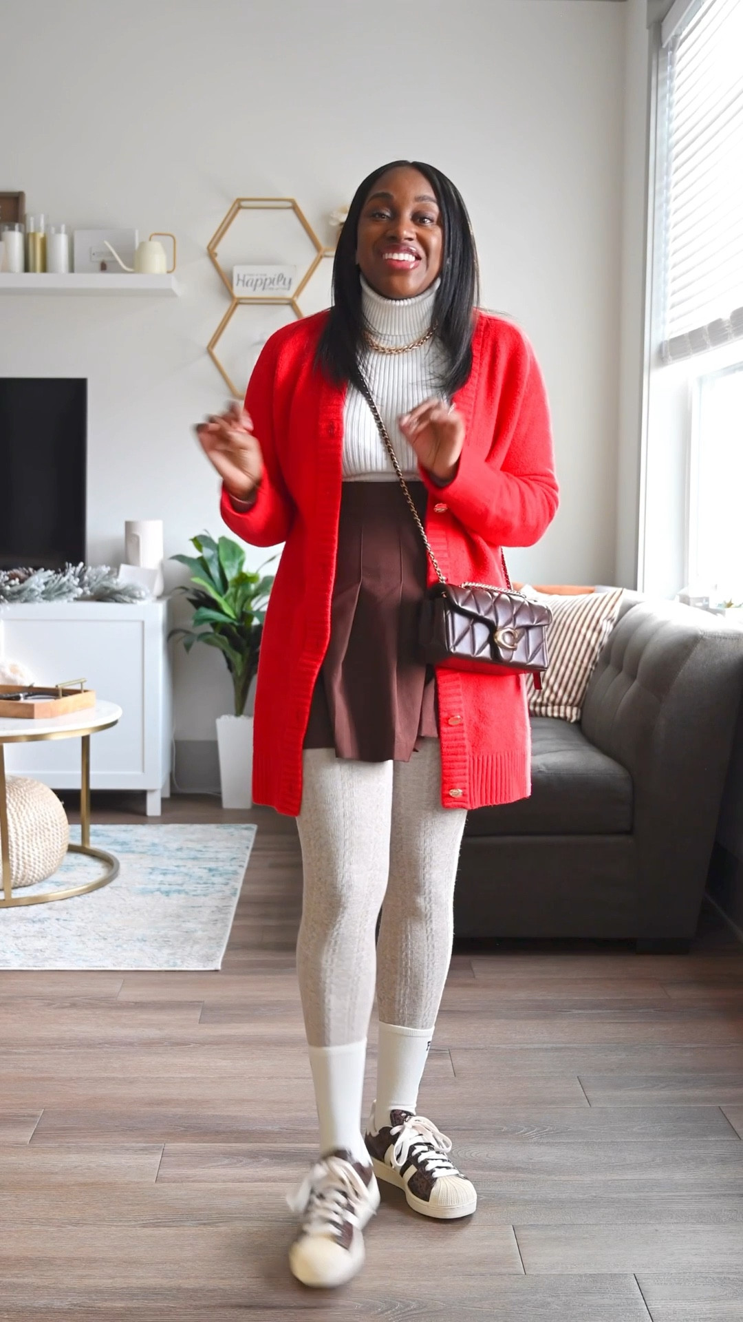 Here’s a cozy red and brown fit I wore to the Library of Congress 📚 I can’t get over this dress that I wore as a cardigan — the button details are so good and this color red 😍