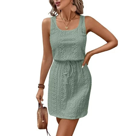 DOKOTOO Women s Mini Dress Lace Boho Drawstring Waist Beach Summer Short Eyelet Dress | Walmart (US)