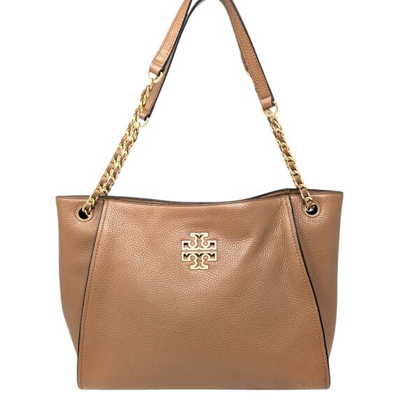 Tory Burch Britten Tan Brown Pebbled Leather Chain Tote Shoulder Bag | Poshmark