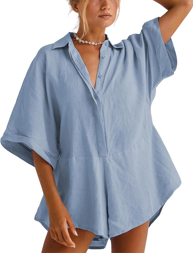Women One Piece Jumpsuit V-Neck Half Button Collared Rompers Short Sleeve Onesie Playsuit Loose O... | Amazon (US)