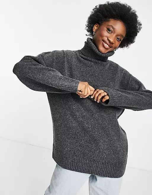 Monki roll neck jumper in dark grey melange | ASOS (Global)