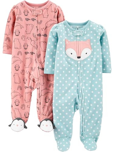Simple Joys by Carter's Baby Girls' Fleece Footed Sleep and Play, Pack of 2, Blue Fox/Peach Animal, Preemie | Amazon (US)