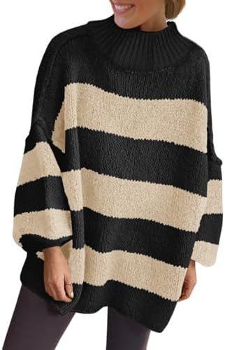 Saodimallsu Womens Oversized Striped Sweater Mock Neck Chunky Knit Lantern Long Sleeve Fall Trend... | Amazon (US)