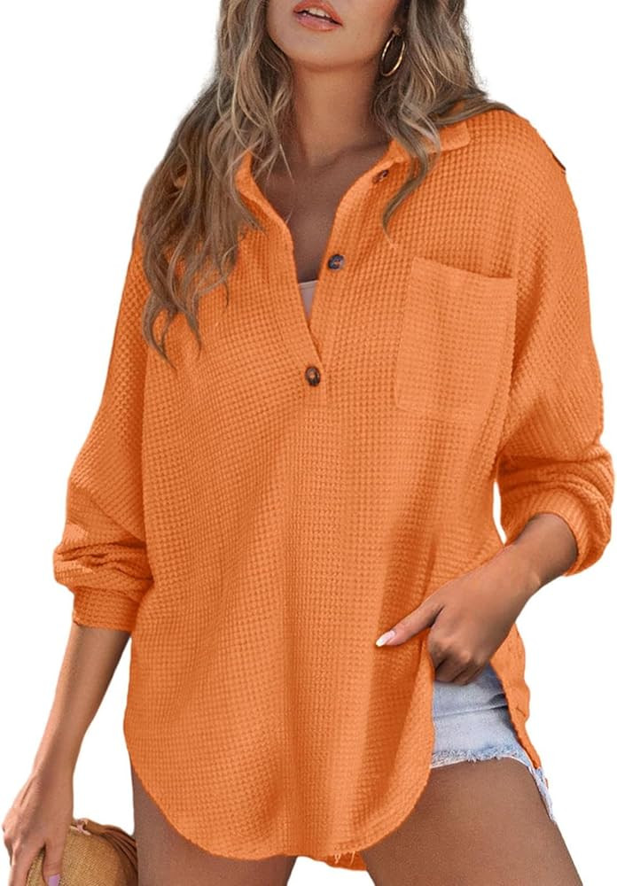 Astylish Women Waffle Knit Top Henley Shirts Long Sleeve V Neck Solid Color Casual Tunics | Amazon (US)