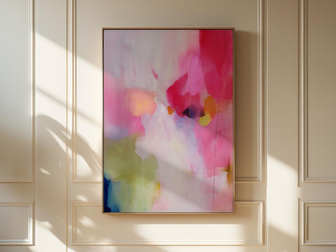 Soft Contemporary Framed Wall Art Vertical Abstract Canvas Giclée Print in Pink Soft Green Moder... | Etsy (US)