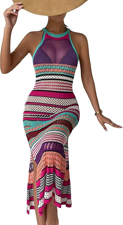Verdusa Women's Striped Split Thigh Crochet Beach Swimsuit Bikini Cover Up Dress | Amazon (US)