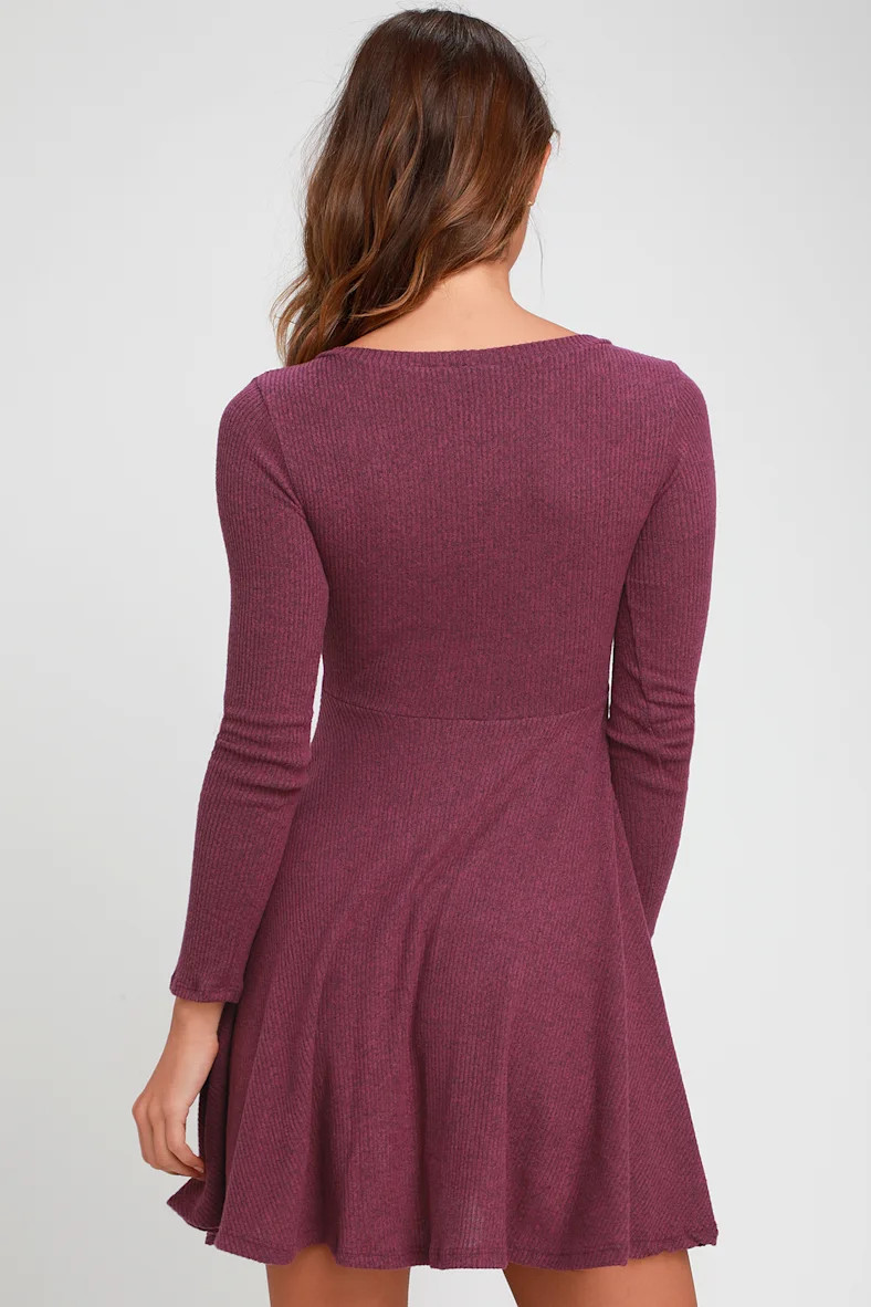 Fit and Fair Mauve Purple Ribbed Knit Long Sleeve Skater Dress | Lulus (US)