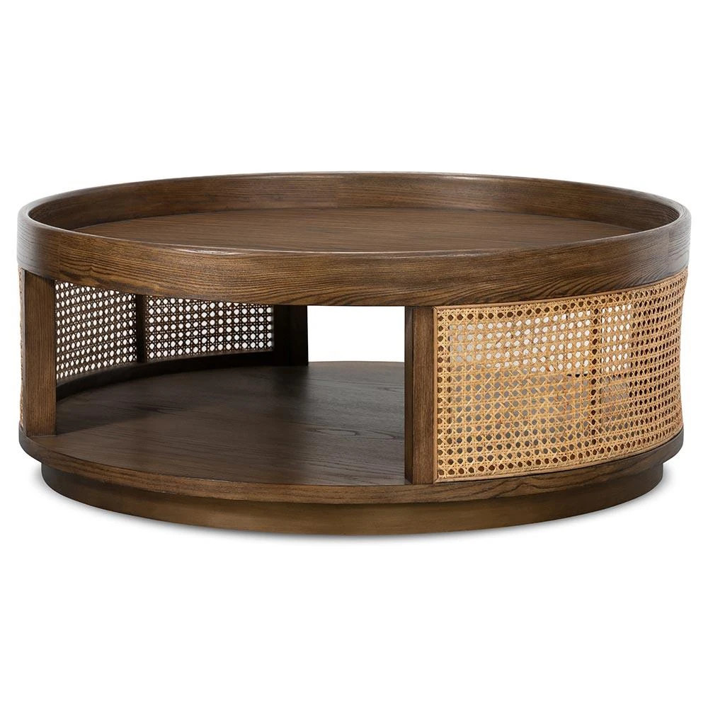 Callow Coastal Beach Natural Cane Woven Brown Ash Wood 2 Tier Round Coffee Table | Kathy Kuo Home