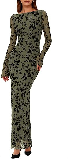 PRETTYGARDEN Women's Floral Bodycon Maxi Dress 2025 Fall Elegant Mesh Long Sleeve Formal Wedding ... | Amazon (US)