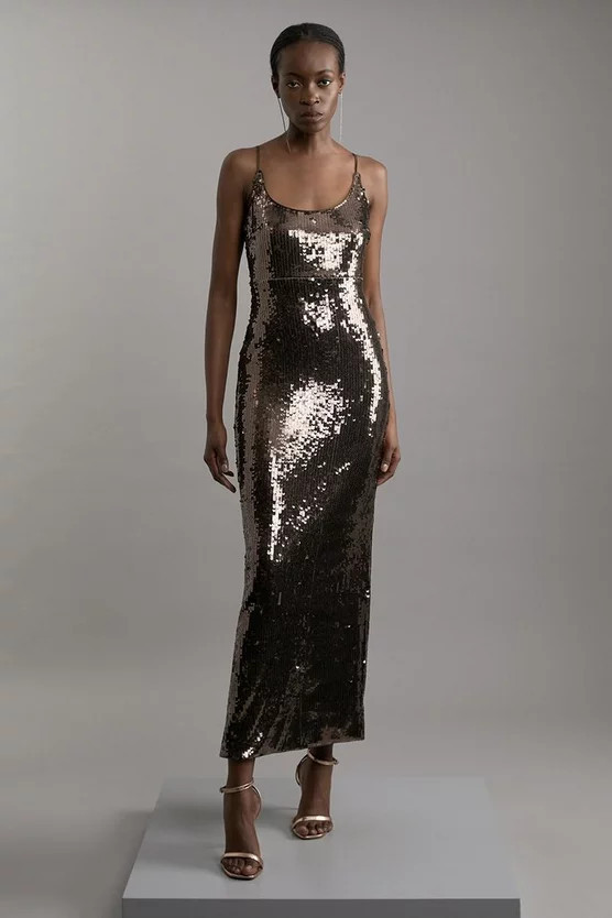 Disc Sequin Strappy Woven Midi Dress | Karen Millen UK + IE + DE + NL
