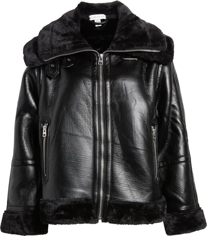 Faux Leather Aviator Jacket with Faux Fur Trim | Nordstrom Rack