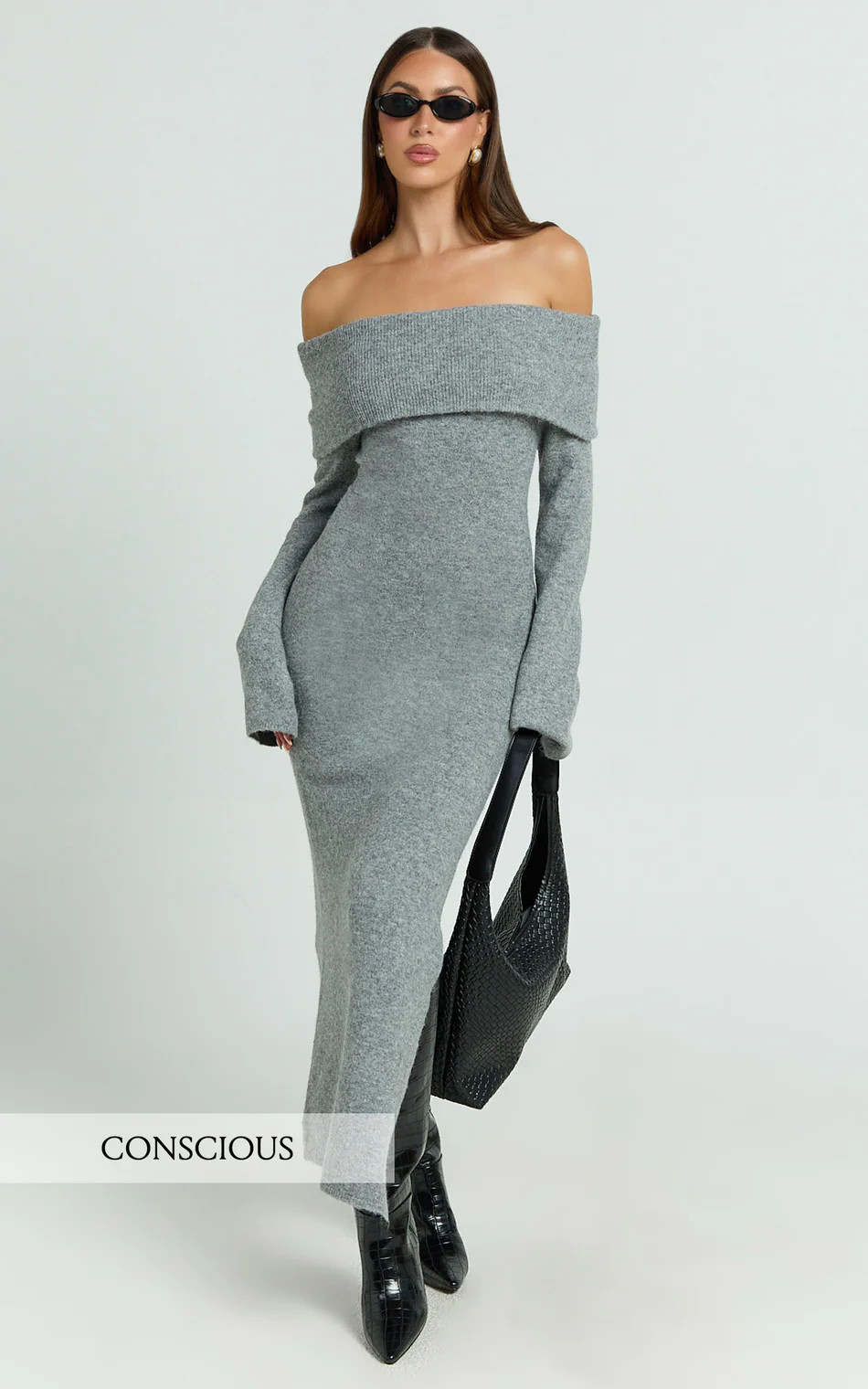 Darcie Midi Dress - Off Shoulder Knitted Long Sleeve Dress in Grey Marle | Showpo (US, UK & Europe)
