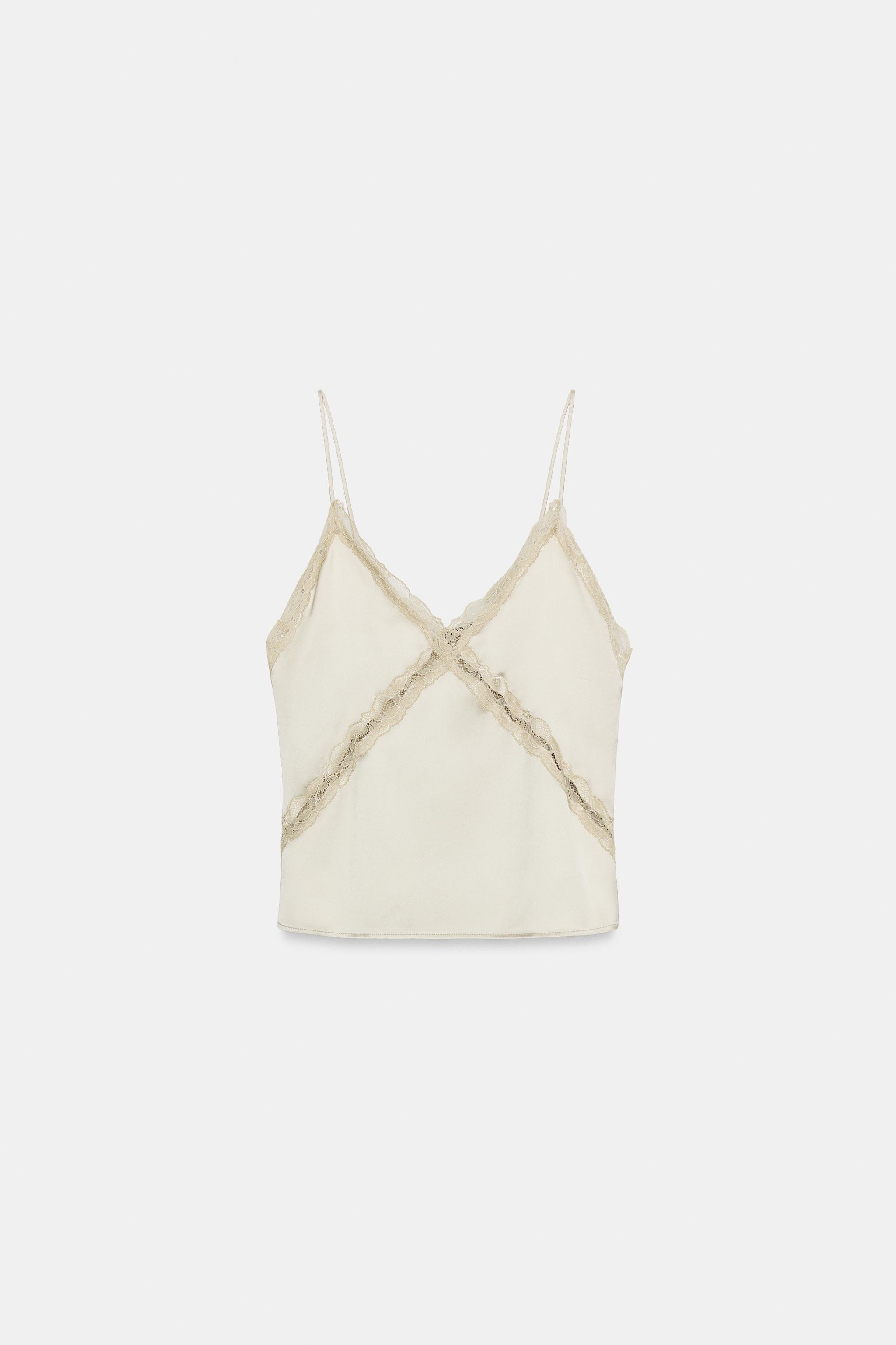 V-neck top with thin straps. Featuring matching lace trim. | Zara AU