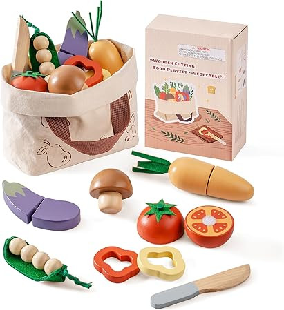 ROBOTIME Wooden Play Food Cutting Vegetable Set, Pretend Play Toy Food for Play Kitchen with Shop... | Amazon (US)