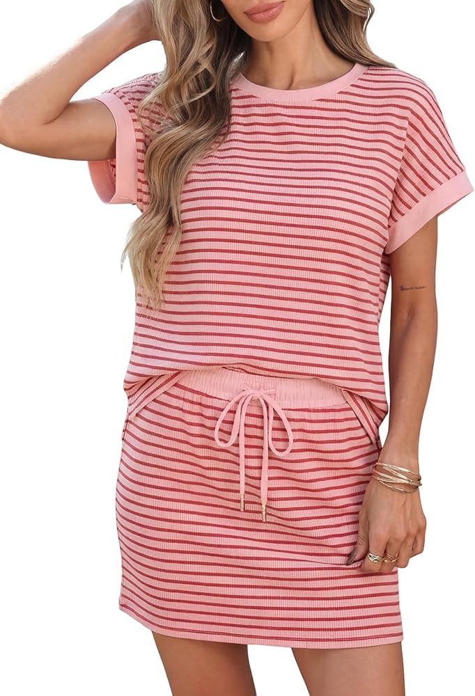 ZAFUL Womens Striped Short Sleeve Skirt Sets Crewneck Colorblock 2 Piece Outfits Drawstring Pajam... | Amazon (US)