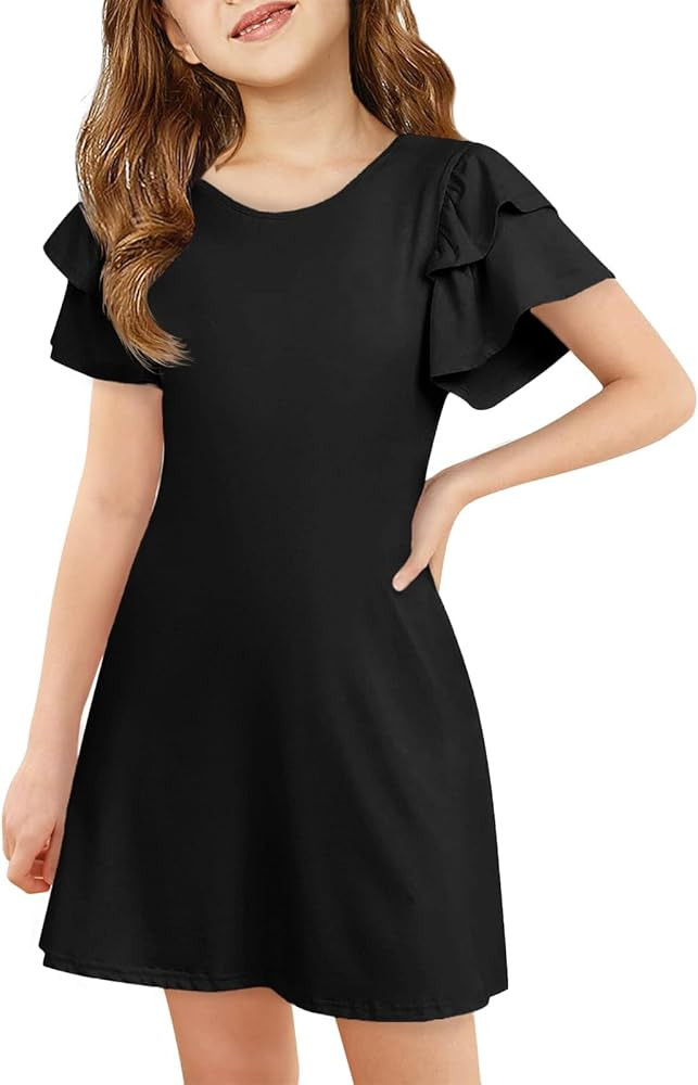 ZDC Girls Ruffle Sleeve Casual Dresses Summer Kids A Line Skater Dress 5-14 Years | Amazon (US)