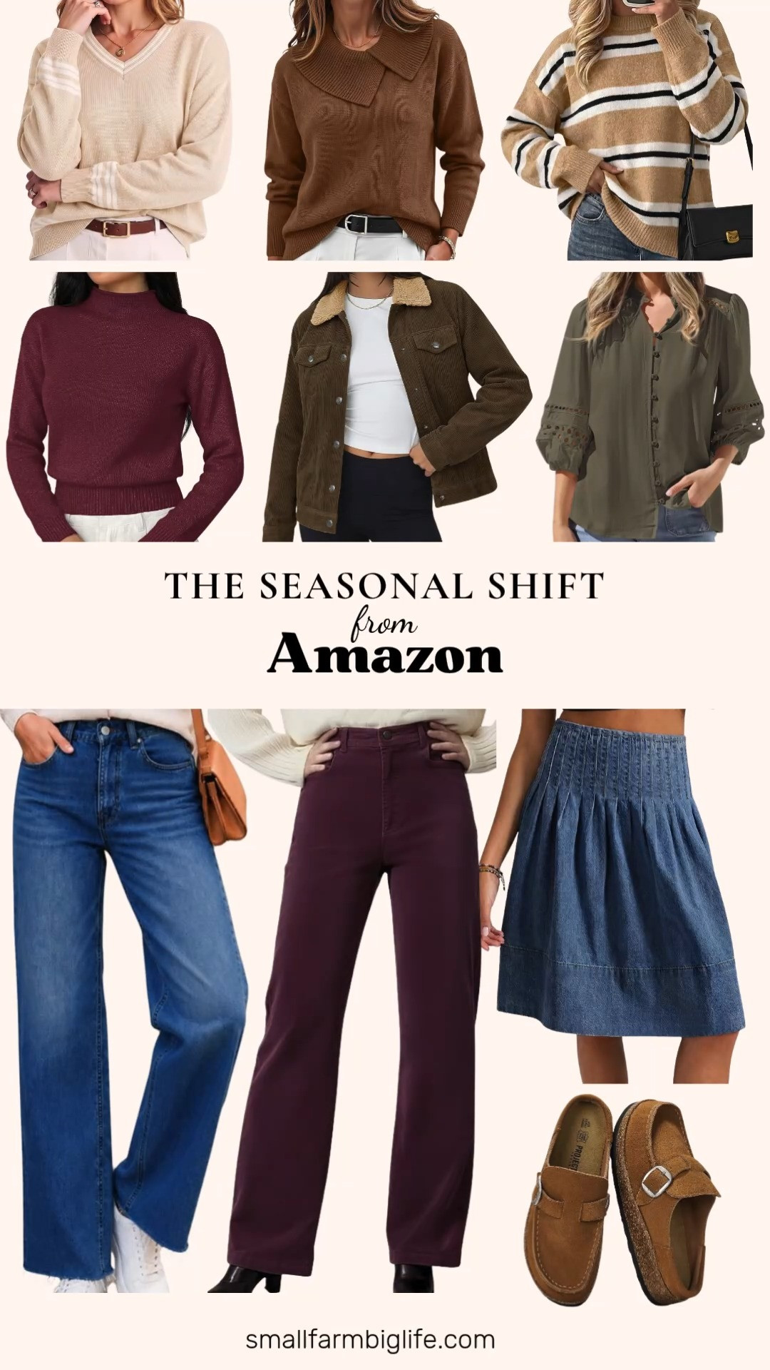 Fall is sneaking in and this edit has all the cozy layers and easy staples worth adding to your closet right now.

Starting with sweaters: a beige cashmere blend V neck with long sleeves that feels soft and elevated, a khaki black and white striped color block pullover for a little pattern play, a burgundy mock neck that is perfect for layering, and a brown asymmetrical lapel pullover with such a unique silhouette.

For bottoms: indigo high waisted straight leg jeans with a frayed raw hem and stretchy fit, a medium blue wash pleated denim skirt in a flattering A line midi length, and burgundy corduroy straight leg pants with stretch and pockets for everyday comfort.

Outerwear wise, this brown corduroy jacket with sherpa fleece lining and a fur collar is going to be on repeat all season. And this army green eyelet top with dressy boho details is an easy way to transition your summer pieces into fall.

On feet: chestnut leather moccasin clogs with a memory foam insole, so comfortable and easy to slip on for fall errands.

#fallsweaters #corduroyjacket #denimskirt #highwaistedjeans #leatherclogs 

 #LTKootd #LTKOver40 #LTKWorkwear