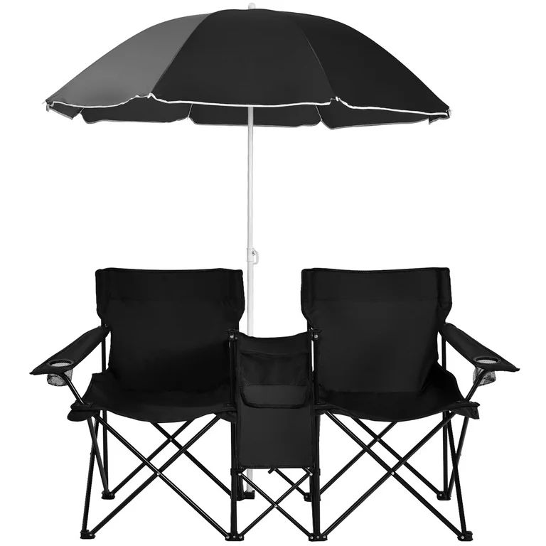 Portable Folding Picnic Double Chair W/Umbrella Table Cooler Beach Camping Black - Walmart.com | Walmart (US)