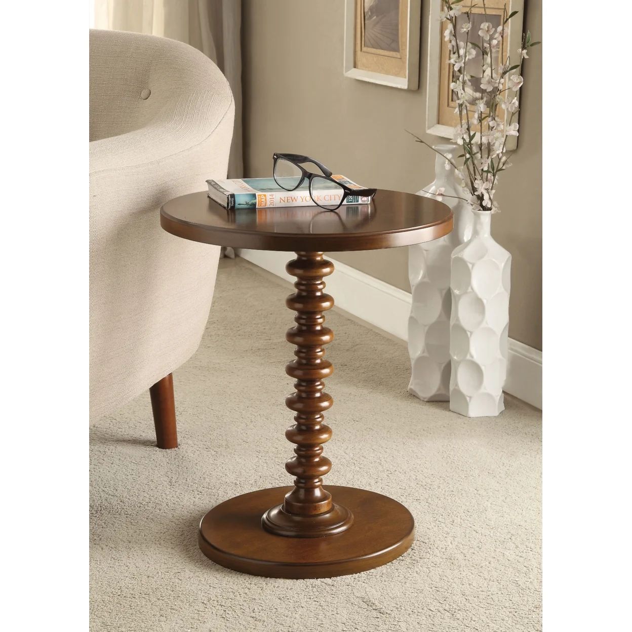 17 Inch Round Wood Side Table, Turned Support, Walnut Brown- Saltoro Sherpi | Walmart (US)