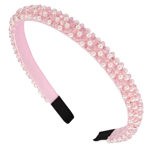 Hapdoo Pink Pearl Headbands for Women Girls, Cute Puffy Padded Headband with Faux Pearl for Wedding Bride Fashion, Wide Thick Beaded Bling Hairbands Hair Hoop Accessories for Birthday | Amazon (US)