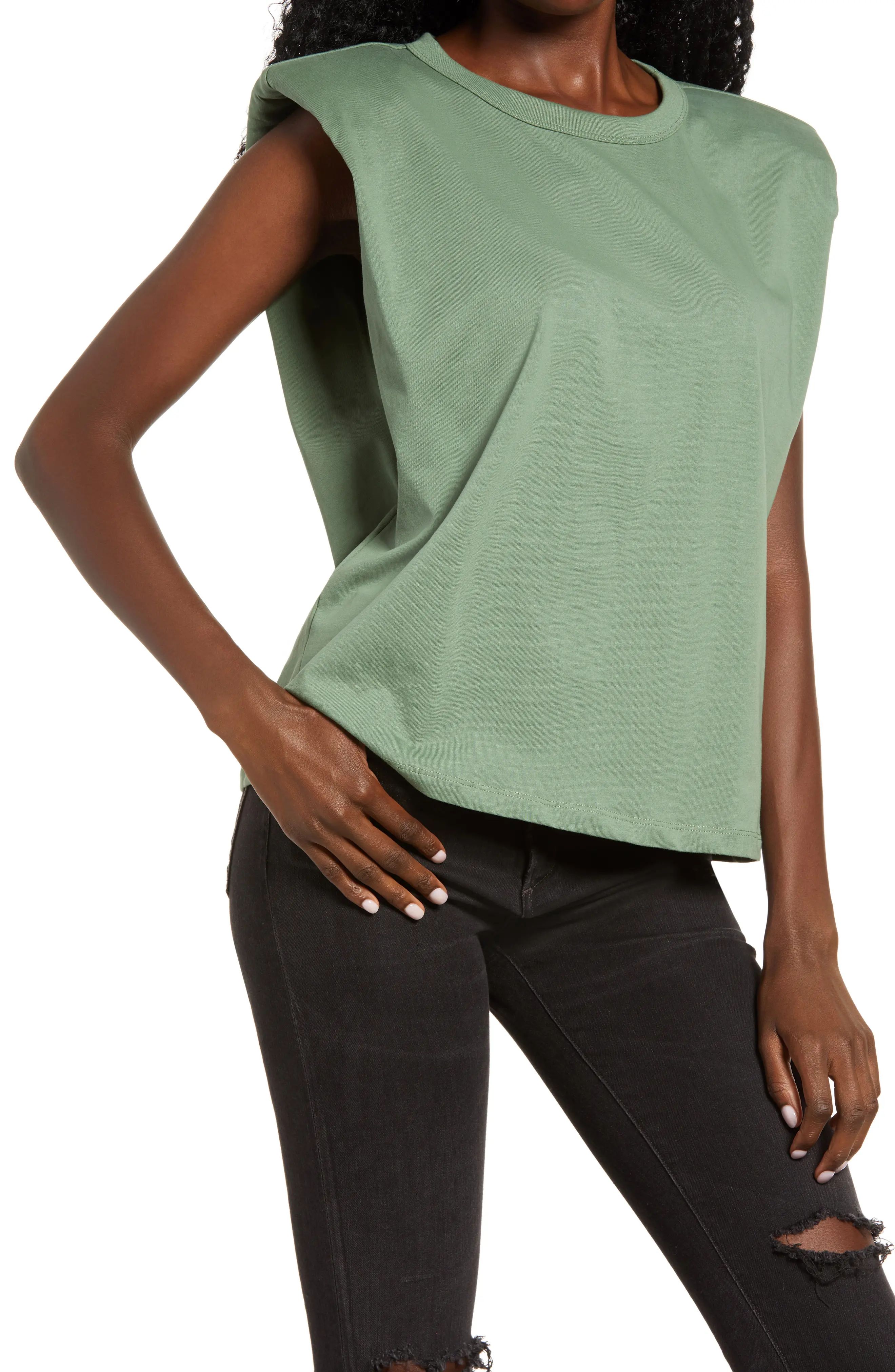 Women's Endless Rose Padded Shoulder T-Shirt, Size Medium - Green | Nordstrom